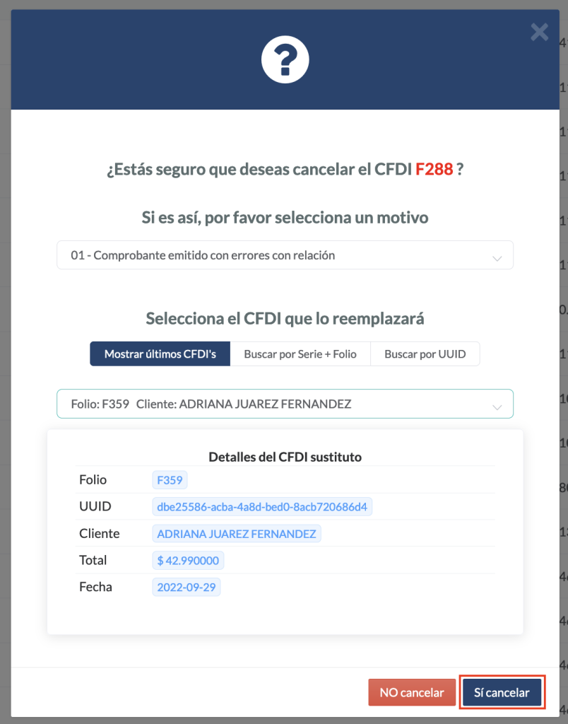 Vista de la opción 01 con la factura relacionada