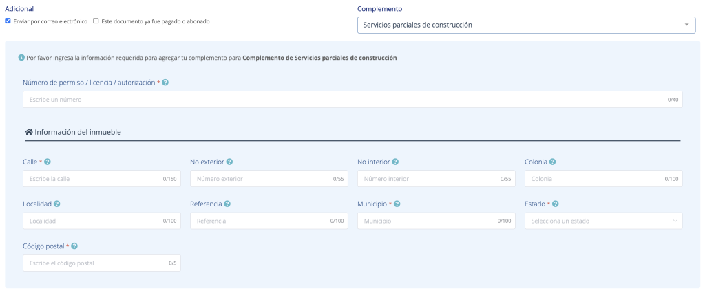 Vista del formulario para agregar el complemento